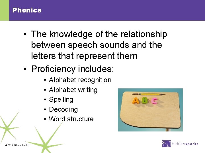 Phonics • The knowledge of the relationship between speech sounds and the letters that