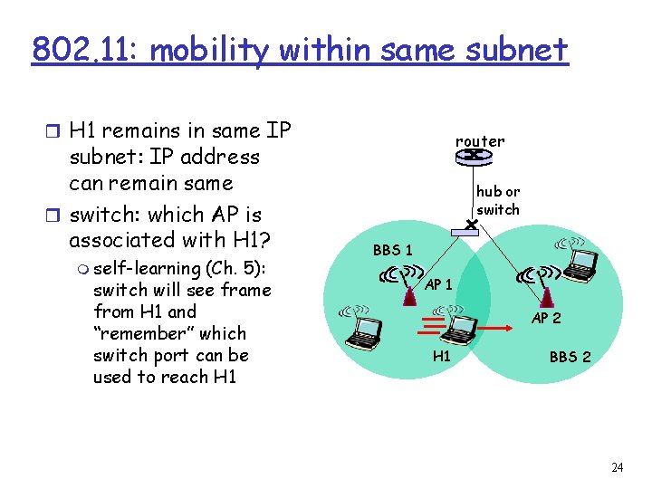 802. 11: mobility within same subnet r H 1 remains in same IP subnet: