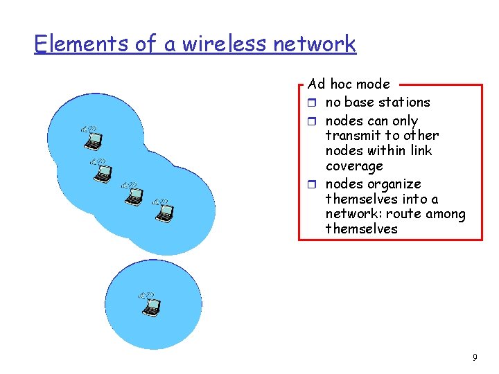 Elements of a wireless network Ad hoc mode r no base stations r nodes