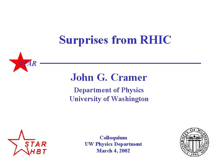 Surprises from RHIC STAR John G. Cramer Department of Physics University of Washington Colloquium