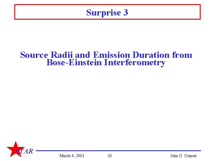 Surprise 3 Source Radii and Emission Duration from Bose-Einstein Interferometry STAR March 4, 2002