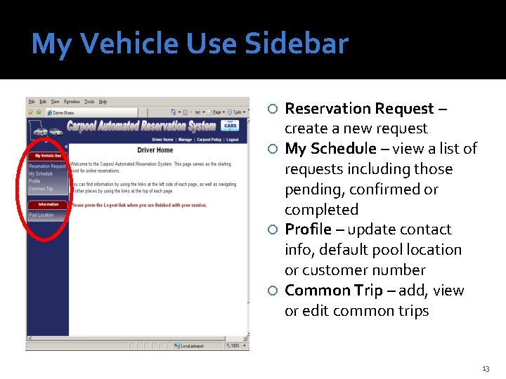 My Vehicle Use Sidebar Reservation Request – create a new request My Schedule –