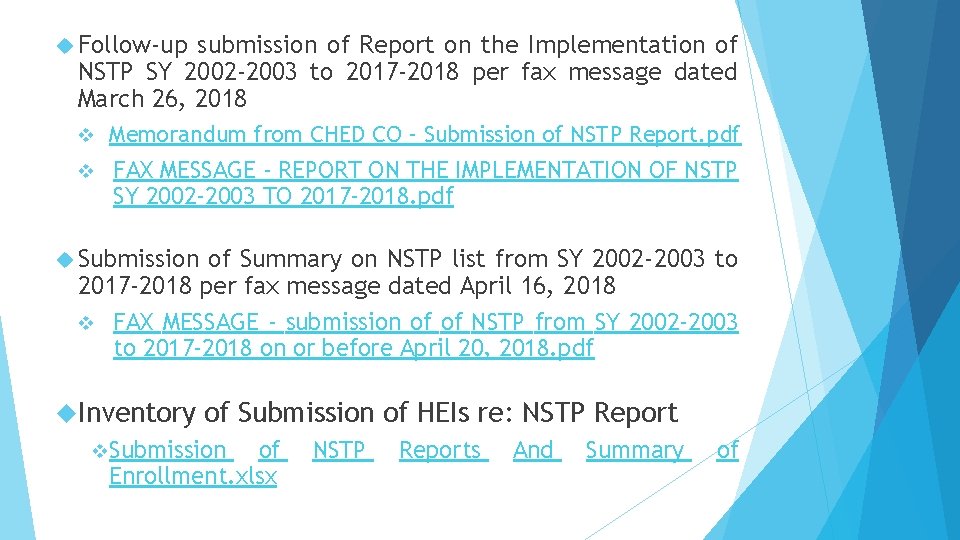  Follow-up submission of Report on the Implementation of NSTP SY 2002 -2003 to