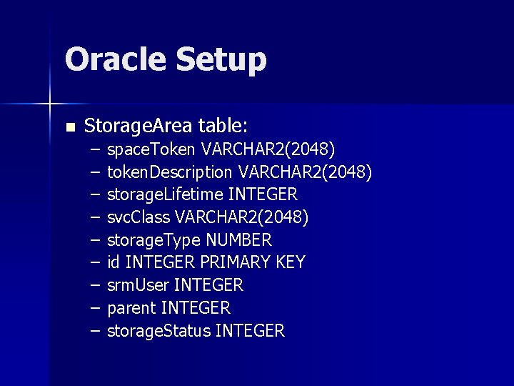 Oracle Setup n Storage. Area table: – – – – – space. Token VARCHAR
