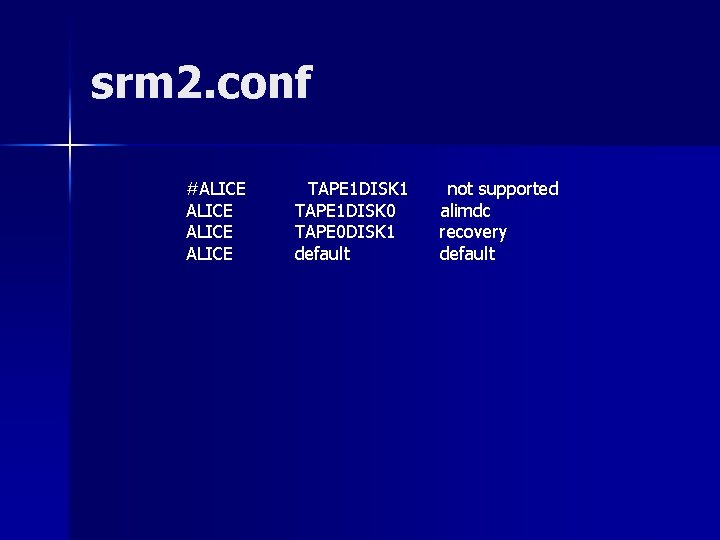 srm 2. conf #ALICE TAPE 1 DISK 1 TAPE 1 DISK 0 TAPE 0