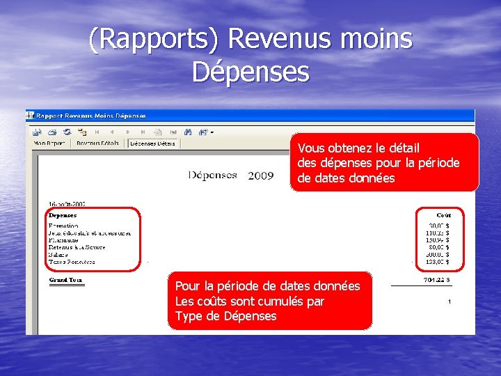 (Rapports) Revenus moins Dépenses Vous obtenez le détail des dépenses pour la période de