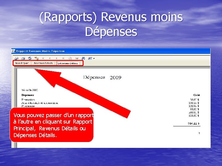 (Rapports) Revenus moins Dépenses Vous pouvez passer d’un rapport à l’autre en cliquant sur