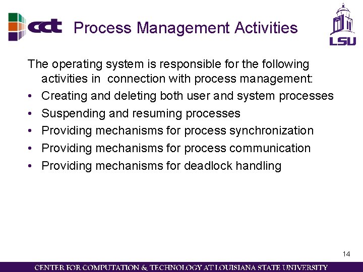 Process Management Activities The operating system is responsible for the following activities in connection