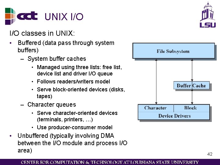 UNIX I/O classes in UNIX: • Buffered (data pass through system buffers) – System