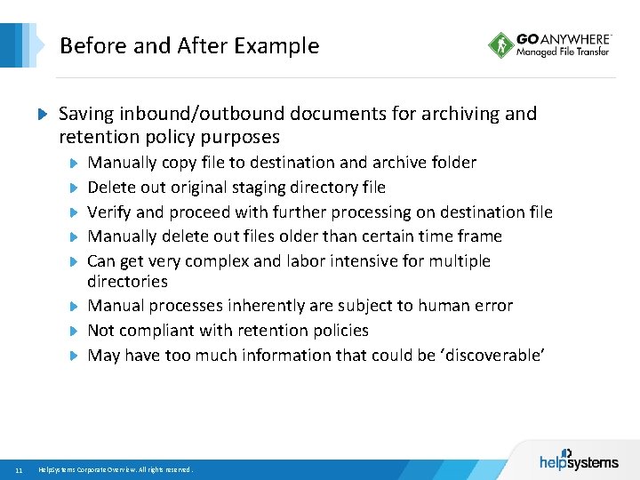Before and After Example Saving inbound/outbound documents for archiving and retention policy purposes Manually