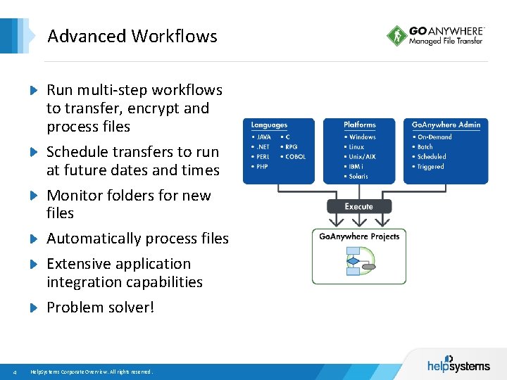 Advanced Workflows Run multi-step workflows to transfer, encrypt and process files Schedule transfers to