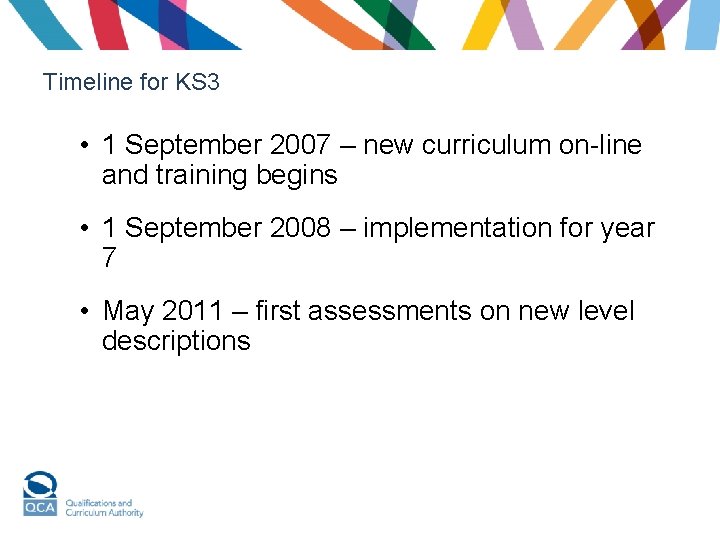 Timeline for KS 3 • 1 September 2007 – new curriculum on-line and training