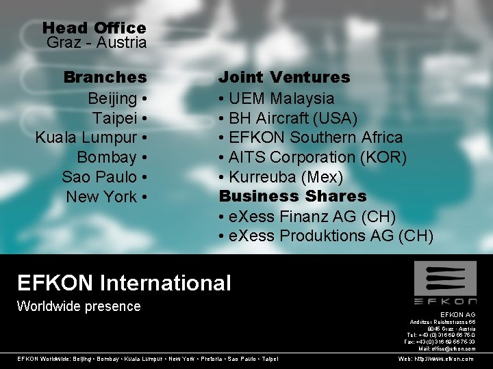 Head Office Graz - Austria Branches Beijing • Taipei • Kuala Lumpur • Bombay