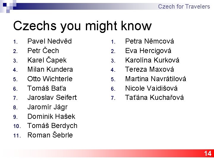 Czech for Travelers Czechs you might know 1. 2. 3. 4. 5. 6. 7.