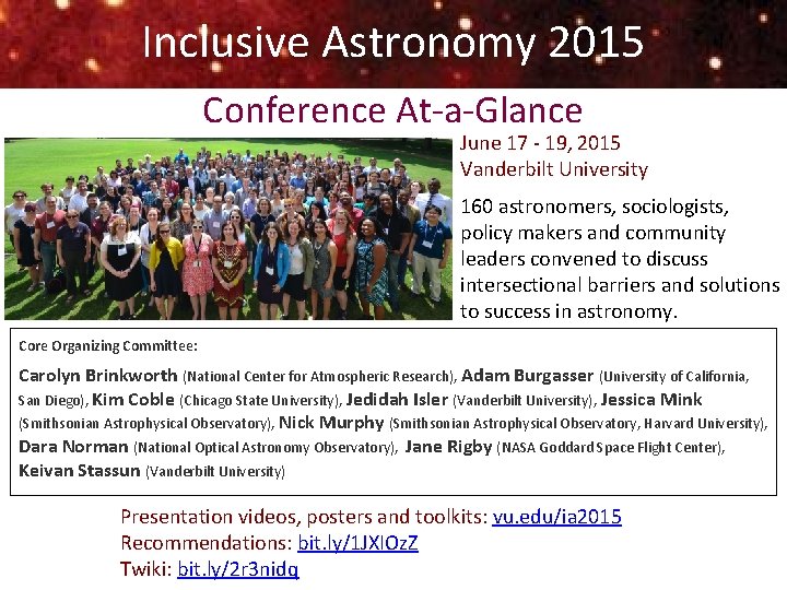Inclusive Astronomy 2015 Conference At-a-Glance June 17 - 19, 2015 Vanderbilt University 160 astronomers,