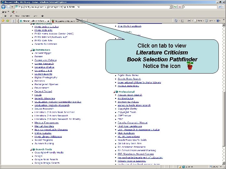 Click on tab to view Literature Criticism Book Selection Pathfinder Notice the icon 
