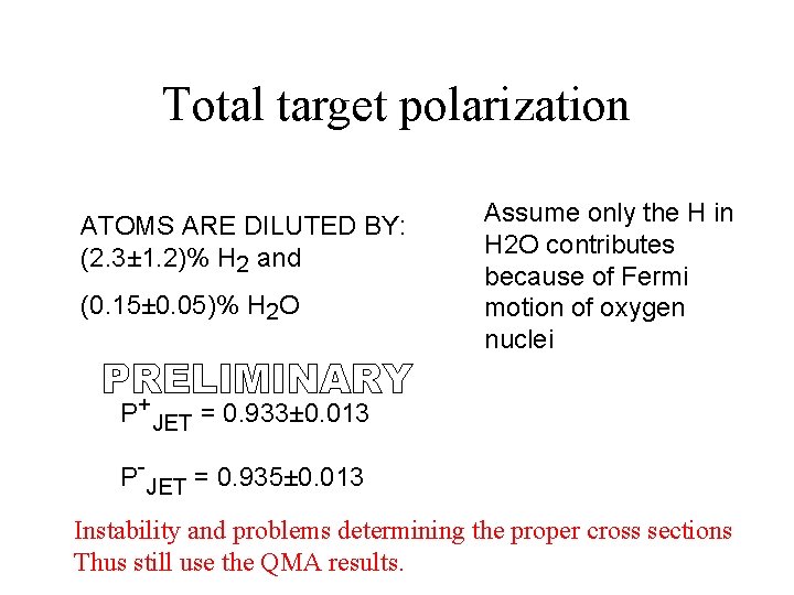 Total target polarization ATOMS ARE DILUTED BY: (2. 3± 1. 2)% H 2 and