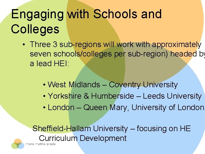 Engaging with Schools and Colleges • Three 3 sub-regions will work with approximately seven