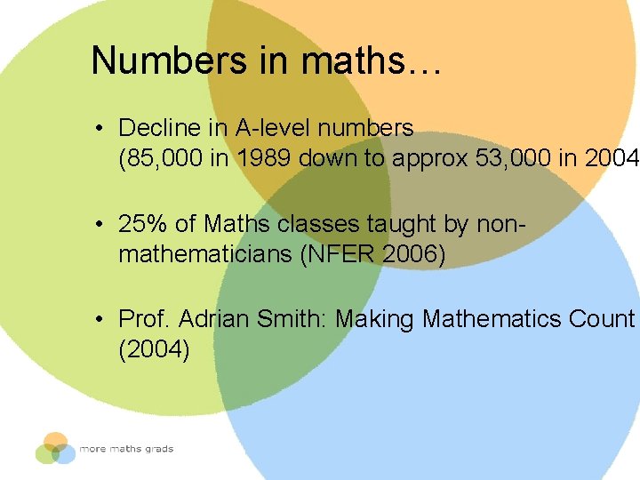 Numbers in maths… • Decline in A-level numbers (85, 000 in 1989 down to