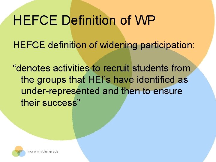 HEFCE Definition of WP HEFCE definition of widening participation: “denotes activities to recruit students