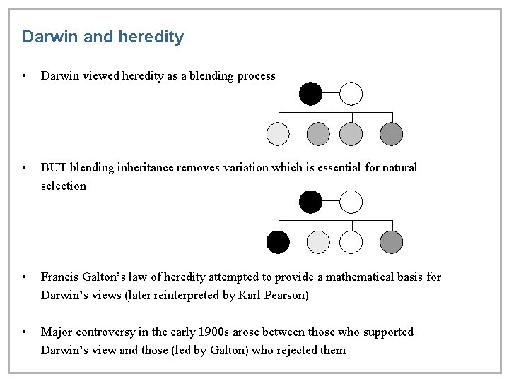 Darwin and heredity • Darwin viewed heredity as a blending process • BUT blending