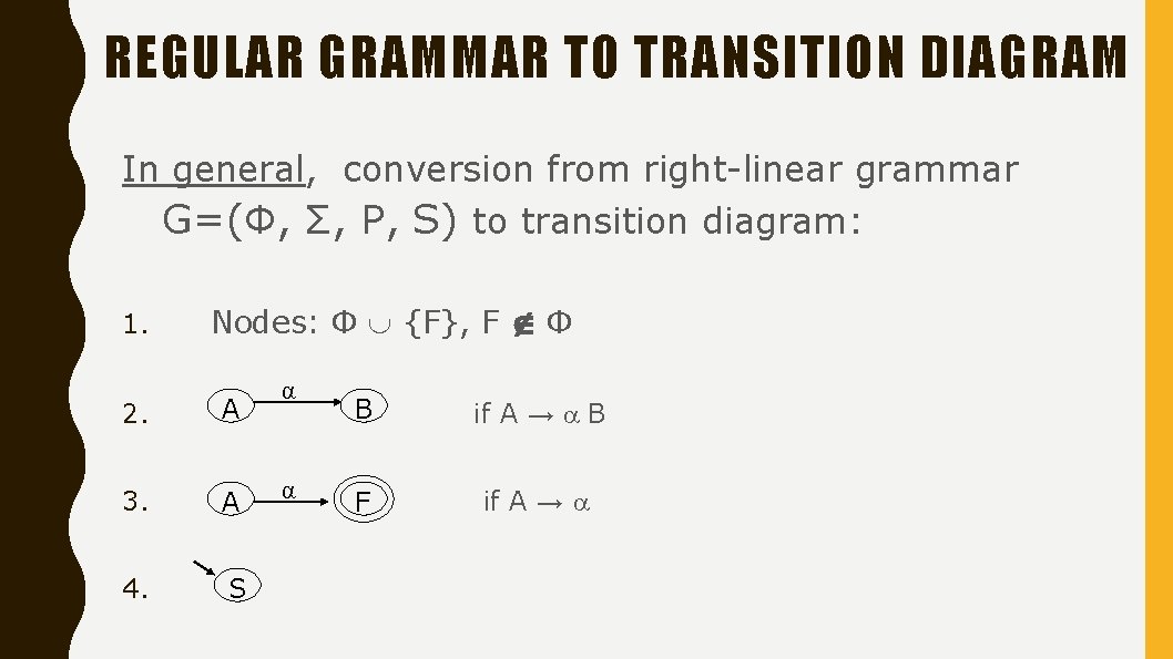 REGULAR GRAMMAR TO TRANSITION DIAGRAM In general, conversion from right-linear grammar G=(Φ, Σ, P,