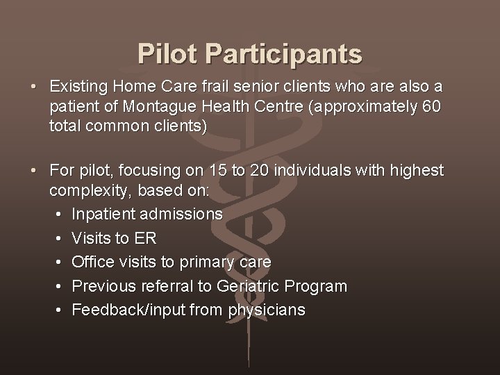 Pilot Participants • Existing Home Care frail senior clients who are also a patient