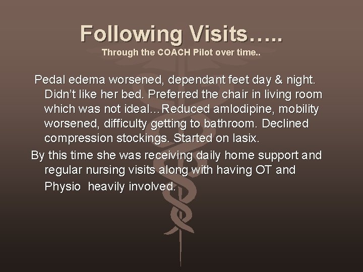 Following Visits…. . Through the COACH Pilot over time. . Pedal edema worsened, dependant