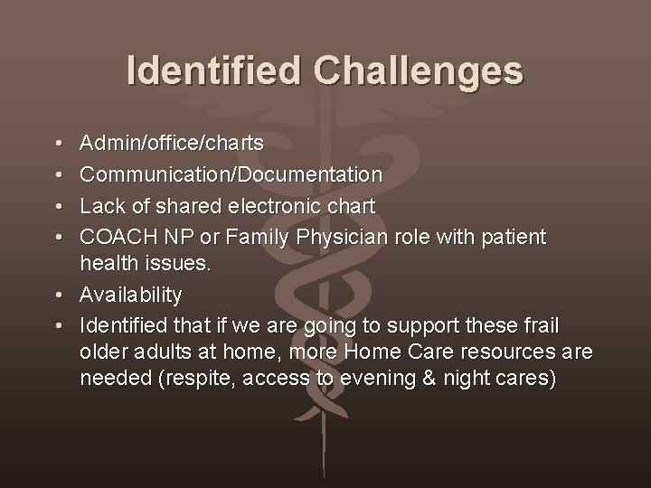 Identified Challenges • • Admin/office/charts Communication/Documentation Lack of shared electronic chart COACH NP or