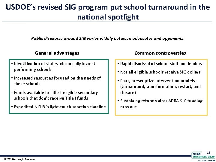 USDOE’s revised SIG program put school turnaround in the national spotlight Public discourse around