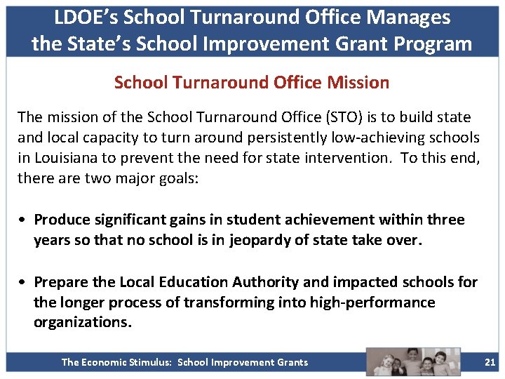 LDOE’s School Turnaround Office Manages the State’s School Improvement Grant Program School Turnaround Office