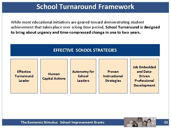 School Turnaround Framework While most educational initiatives are geared toward demonstrating student achievement that