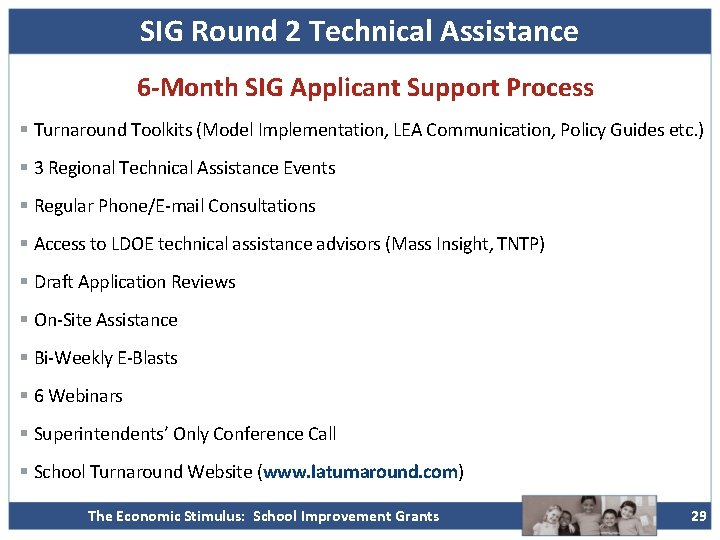 SIG Round 2 Technical Assistance 6 -Month SIG Applicant Support Process § Turnaround Toolkits