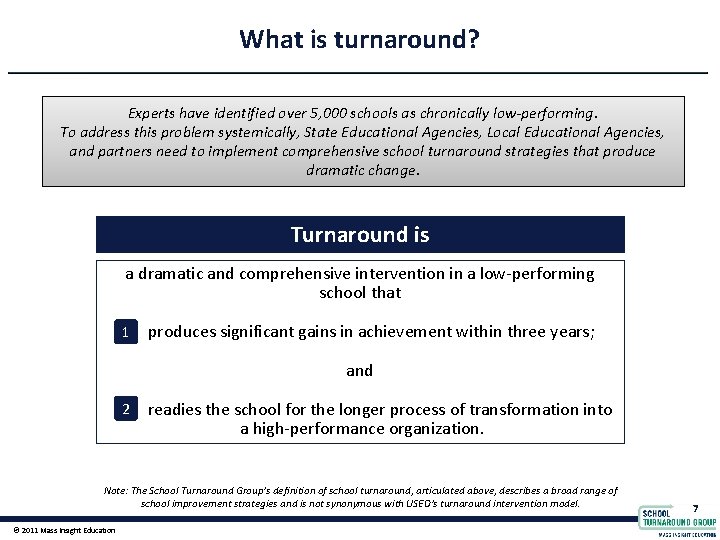 What is turnaround? Experts have identified over 5, 000 schools as chronically low-performing. To