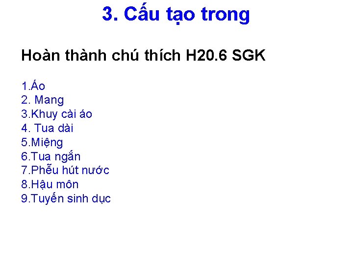 3. Cấu tạo trong Hoàn thành chú thích H 20. 6 SGK 1. Áo