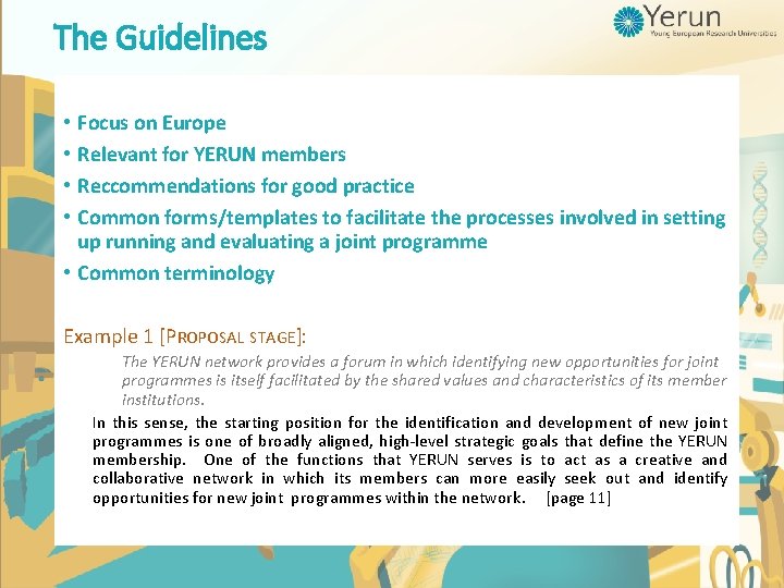 The Guidelines Focus on Europe Relevant for YERUN members Reccommendations for good practice Common The Guidelines Focus on Europe Relevant for YERUN members Reccommendations for good practice Common