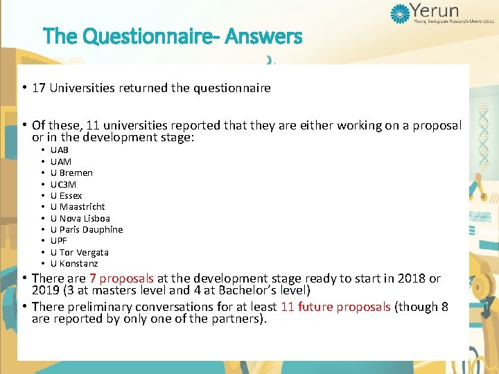 The Questionnaire- Answers • 17 Universities returned the questionnaire • Of these, 11 universities The Questionnaire- Answers • 17 Universities returned the questionnaire • Of these, 11 universities