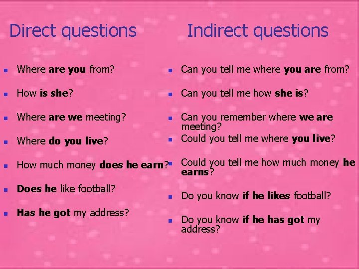 Direct questions Indirect questions n Where are you from? n Can you tell me