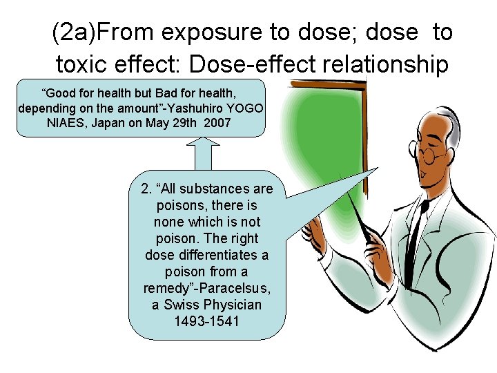 (2 a)From exposure to dose; dose to toxic effect: Dose-effect relationship “Good for health