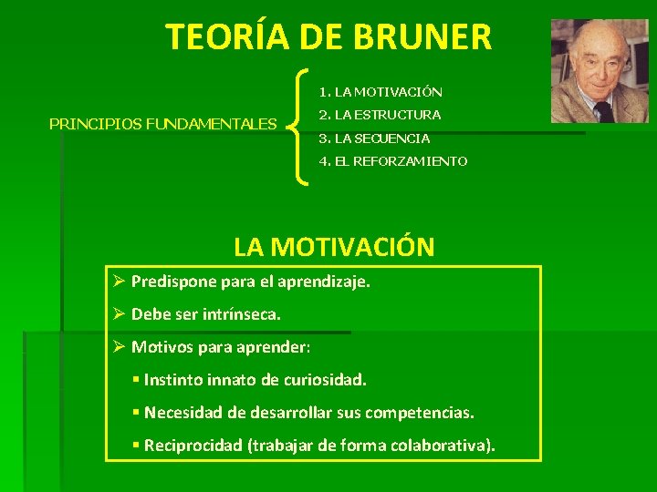 TEORÍA DE BRUNER 1. LA MOTIVACIÓN PRINCIPIOS FUNDAMENTALES 2. LA ESTRUCTURA 3. LA SECUENCIA