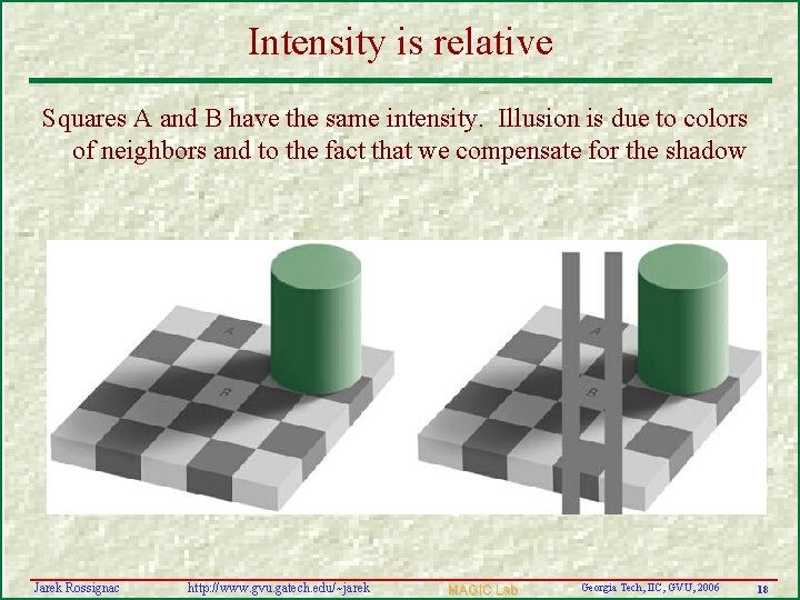 Intensity is relative Squares A and B have the same intensity. Illusion is due