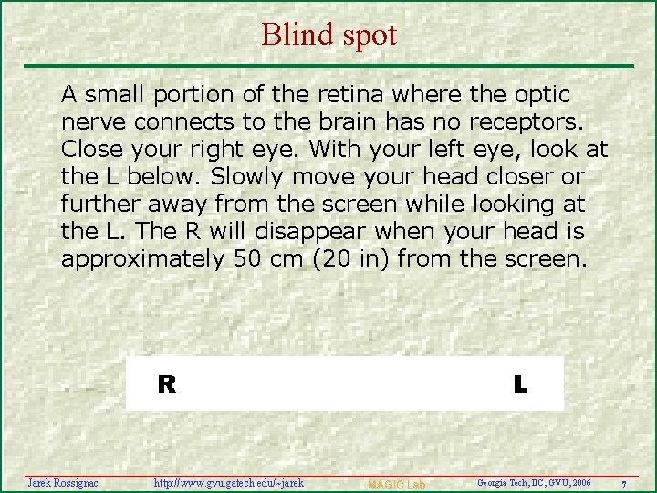 Blind spot A small portion of the retina where the optic nerve connects to