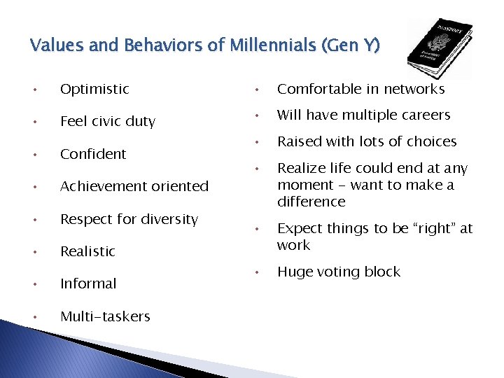 Values and Behaviors of Millennials (Gen Y) • Optimistic • Comfortable in networks •