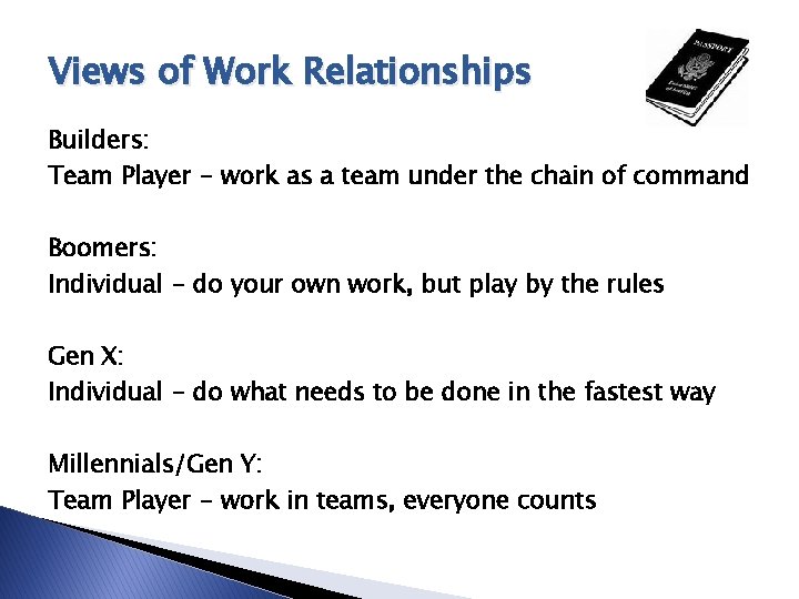 Views of Work Relationships Builders: Team Player - work as a team under the