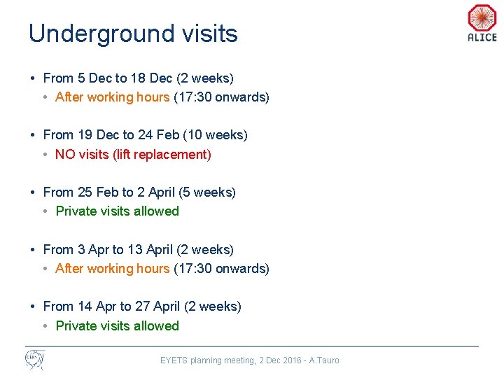 Underground visits • From 5 Dec to 18 Dec (2 weeks) • After working