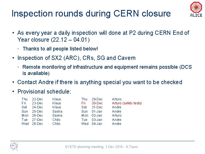 Inspection rounds during CERN closure • As every year a daily inspection will done