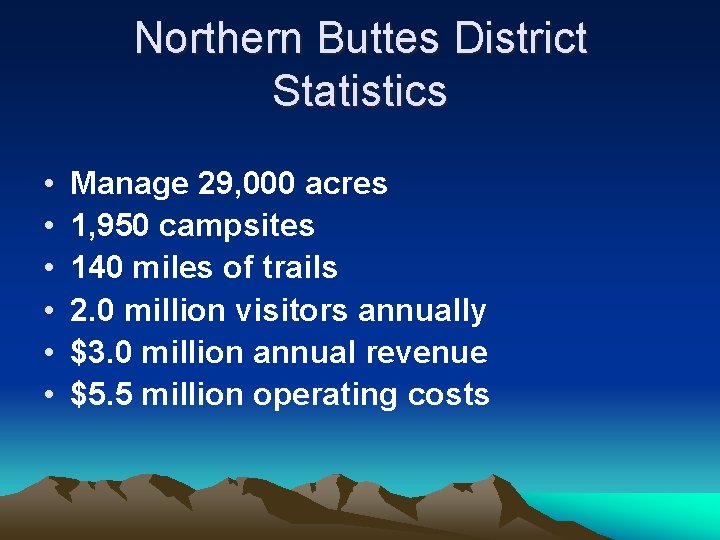 Northern Buttes District Statistics • • • Manage 29, 000 acres 1, 950 campsites