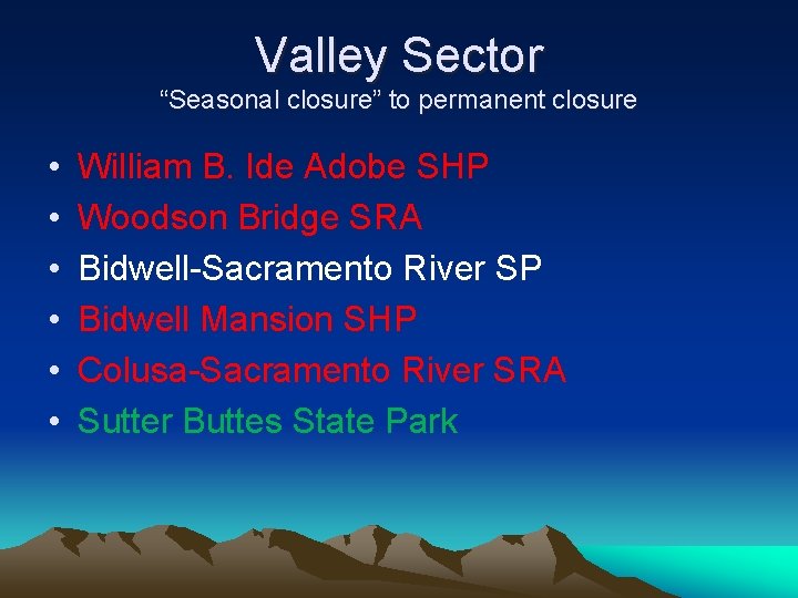 Valley Sector “Seasonal closure” to permanent closure • • • William B. Ide Adobe