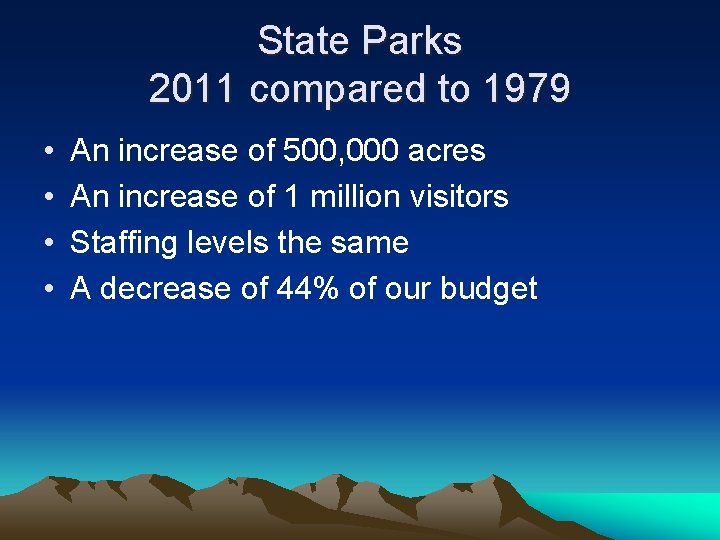State Parks 2011 compared to 1979 • • An increase of 500, 000 acres