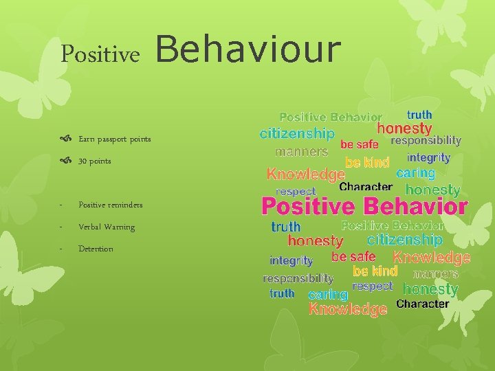 Positive Behaviour Earn passport points 30 points - Positive reminders - Verbal Warning -